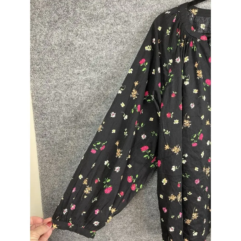 Old Navy Blouse 2X Plus Dark‎ Floral Boho Flowy Puff Sleeve Tassel Peasant Tunic